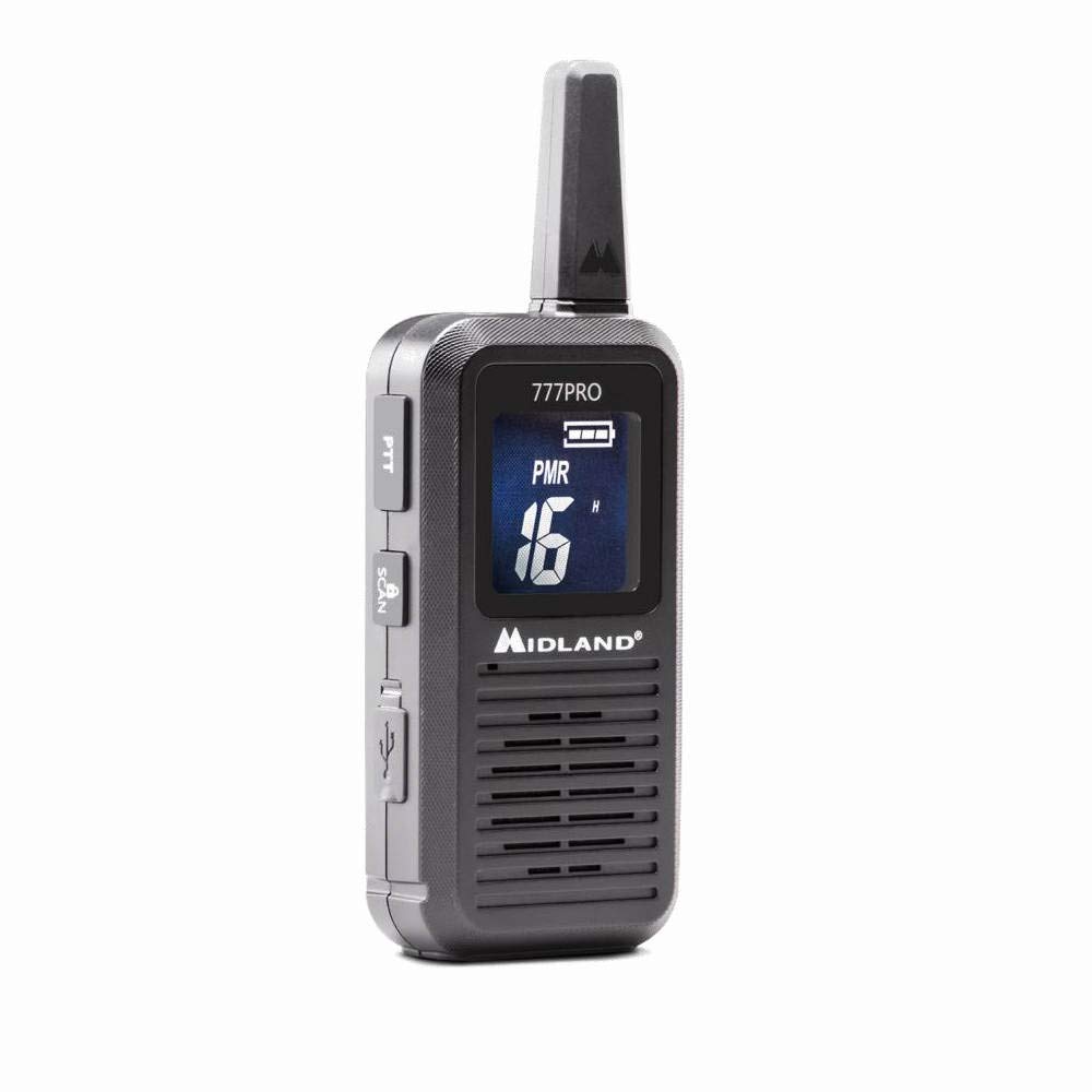 Midland - Walkie Talkie 777 Pro, 2 Ricetrasmittenti Professionali per Security, 85 Canali - 16 PMR446/69 LPD, 38 CTCSS e 104 DCS, Autonomia 14H, Copertura 6Km, Display Digitale, Batterie Ricaricabili