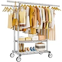 HYSEYY Heavy Duty Clothes Rack, Rolling Clothing Rack With Shelves Load 620 LBS, Double Rod Clothing Racks for Hanging Clothes, Portable& Adjustable Clothes Rack with Wheels Garment Rack
