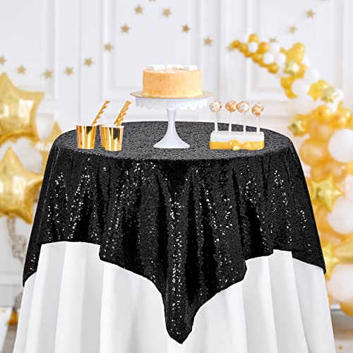 Image of B-COOL Black Sequin Table Overlay 50x50 inch Square Sequin Tablecloth Halloween Sparkle Glitz Tablecloth Popular Sequin Decoration Tableclcoth