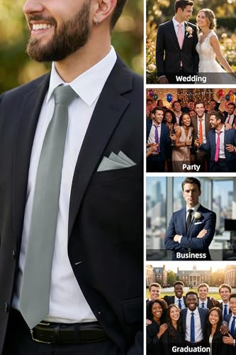 Image of HISDERN Mens Ties Solid Color Ties for Men Formal Necktie with Pocket Square Set Satin Silk Neck Tie Handkerchiefs Set