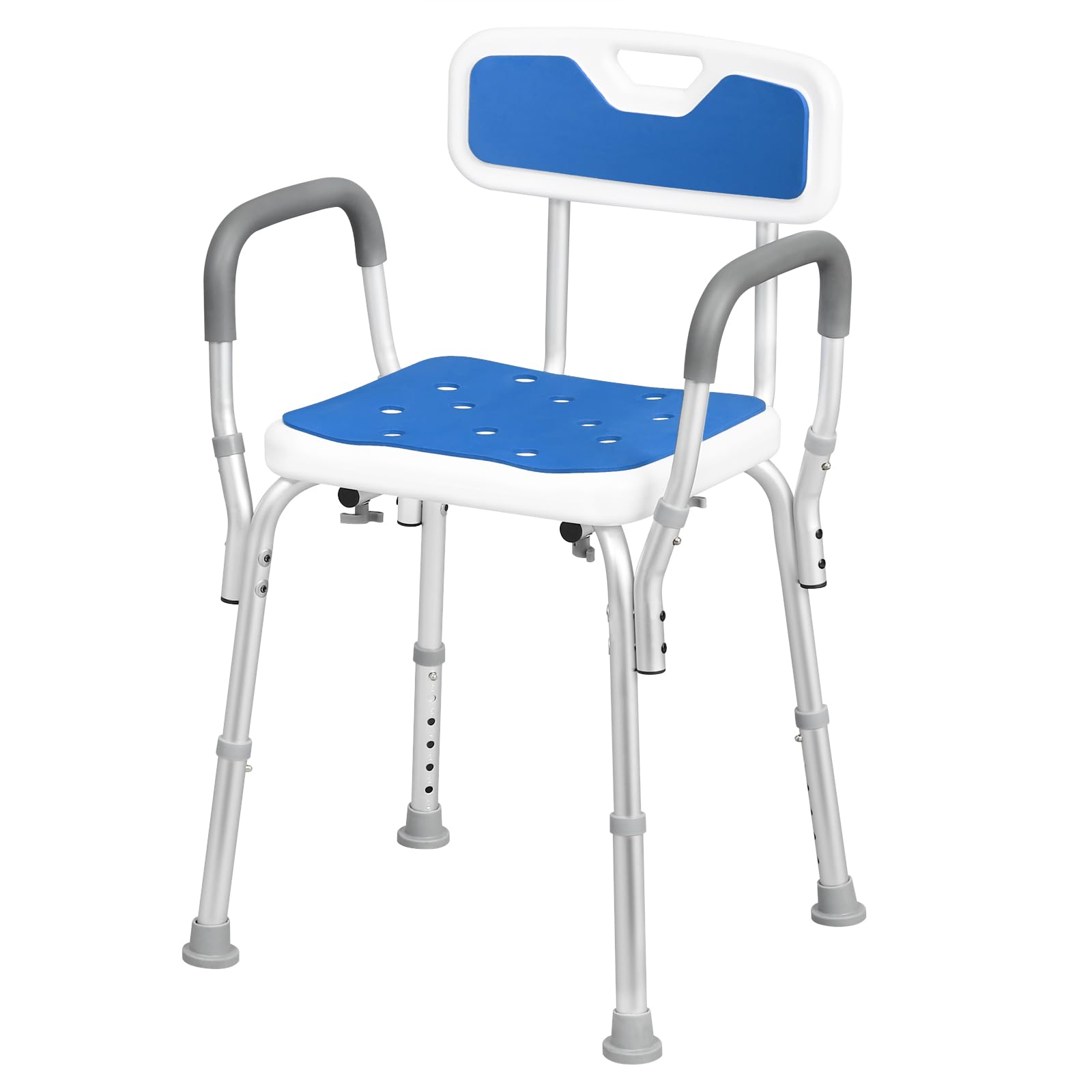 EUGAD Sgabello da Bagno Regolabile, Sgabello con Braccioli e Schienale, Sedia da Doccia per Anziani, Disabili, Sedile in PE, Gambe in Alluminio, Blu+Bianco