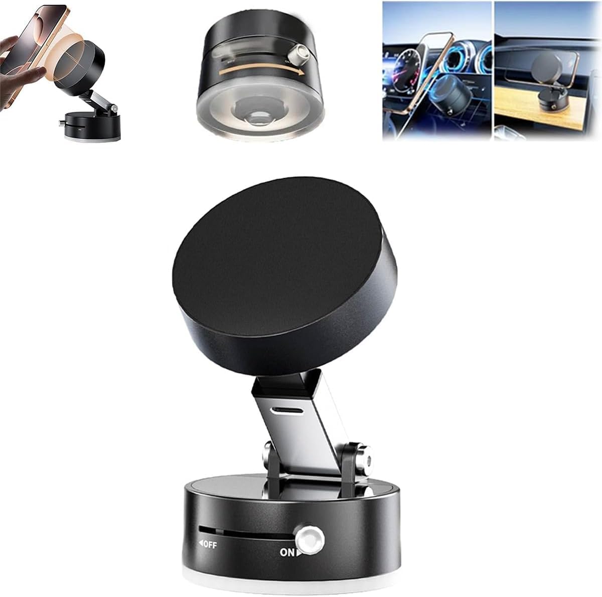 GadgetBite Car Vacuum Magnetic Phone Holder Hands Free, Foldable Suction Mount, Strong Grip for Mirror Shower Gym Car Kitchen and Universal Magnetic Phone Stand - Black