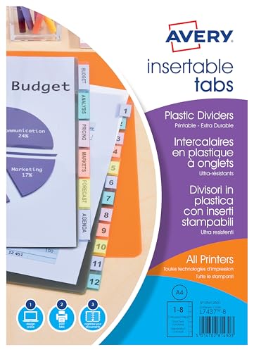 Avery intercalaires classeur A4 plastique translucide coloré, 8 touches personnalisables imprimables, polypropylène 180 microns résistant, feuillets...