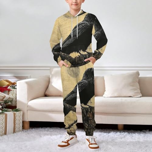 Boys Girls Sweatshirt Set Kid 2 Piece Pullover Hoodie Jogger Sweatpants, Crow Raven Vintage3