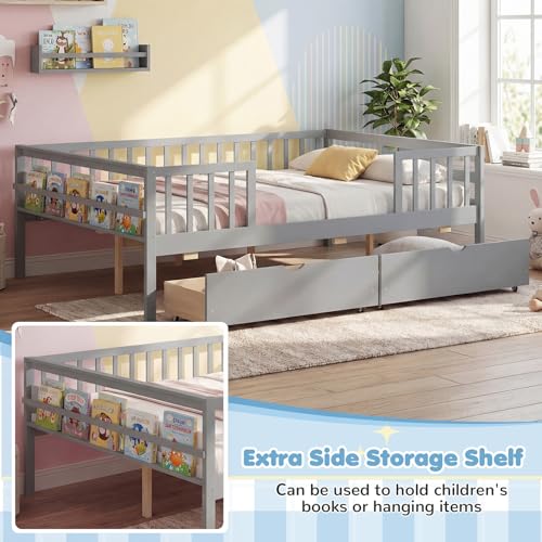Image of KOMFOTT Full Bed Frame with Rails, Wood Daybed with Side Shelf & 2 Storage Drawers, Platform Bed with Guardrail & Wooden Slat Support for Kids Teens, No Box Spring Needed (Full,Grey)