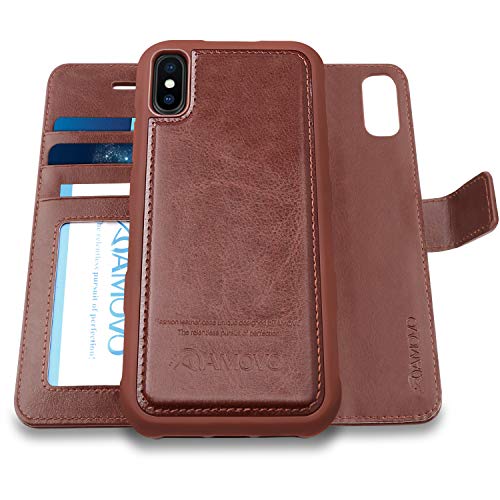 AMOVO [Upgraded] Case for iPhone Xs Max [2 in 1] iPhone Xs Max Wallet Case Detachable [Wireless Charging] [Vegan Leather] iPhone Xs Max Flip Case with Gift Box Package (XSMAX (6.5'') Brown)