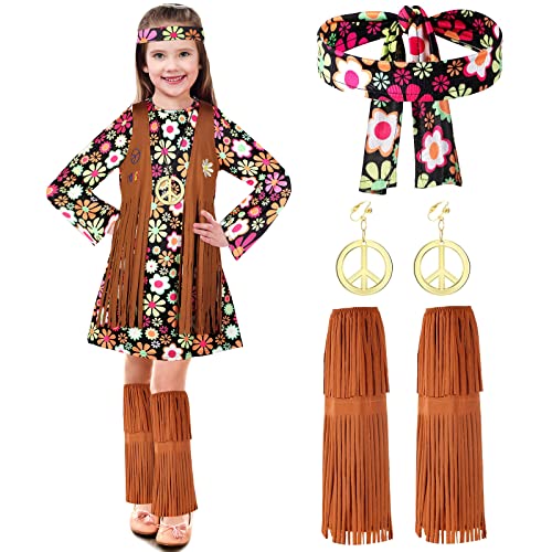 Haysandy Kids Hippie Costume Set 60s 70s Hippie Dress Peace Sign Party Accessories for Carnival Halloween Cosplay Party(Cute Style,M)