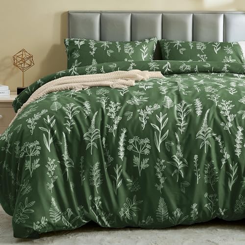 MUXHOMO Duvet Cover Queen Size, Reversible Floral Dark Green Duvet Cover Set with Zipper Closure, 3 Pieces Botanical Patterns Soft Microfiber Bedding Set with 4 Ties (90"x90", 2 Pillow Cases)
