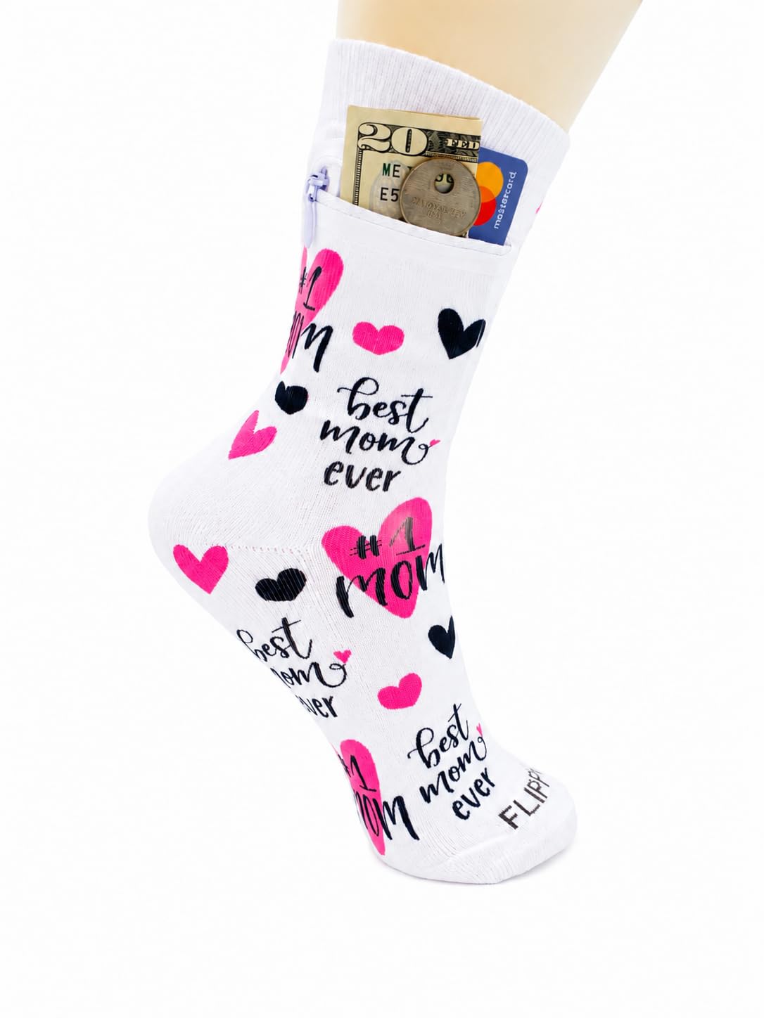 Zipper Sock Wallet - Cotton &amp; Polyester Zipper Socks with Pockets - Fits shoe size 6-13