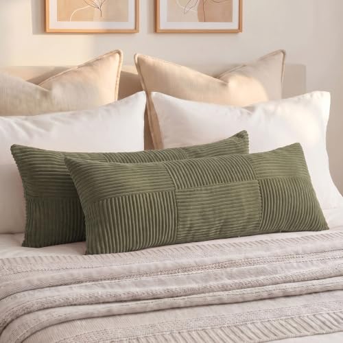 Image of Fancy Homi Set of 2 Olive Green Boho Long Lumbar Body Decorative Throw Pillow Cover 14x36 Inch for Bed Couch Bedroom Bench, Soft Patchwork Corduroy Textured Pillow Case, Rustic Farmhouse Room Decor