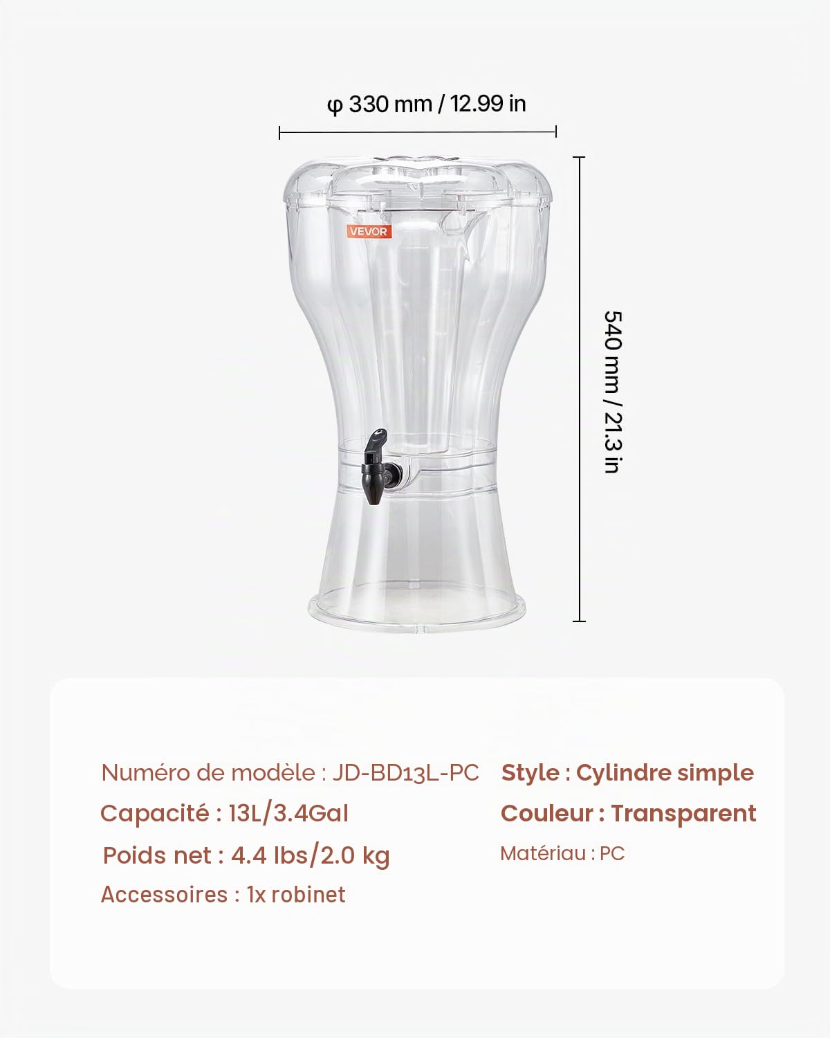 VEVOR Distributeur de Boissons avec Grande Capacité 13 L, Fontaine à Eau en Plastique, Distribution d’Eau Jus Limonade Thé Glacé, avec Robinet Anti-goutte, pour Restaurants Cafés Hôtels Fêtes