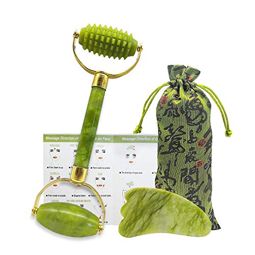 Jade Roller for Face, Gua Sha Scraping Massage Tool Set -100% Real Natural Jade Roller- Acupuncture Anti Aging Firming Skin Facial Roller, Face Massager - for Face, Eye, Neck and Forehead