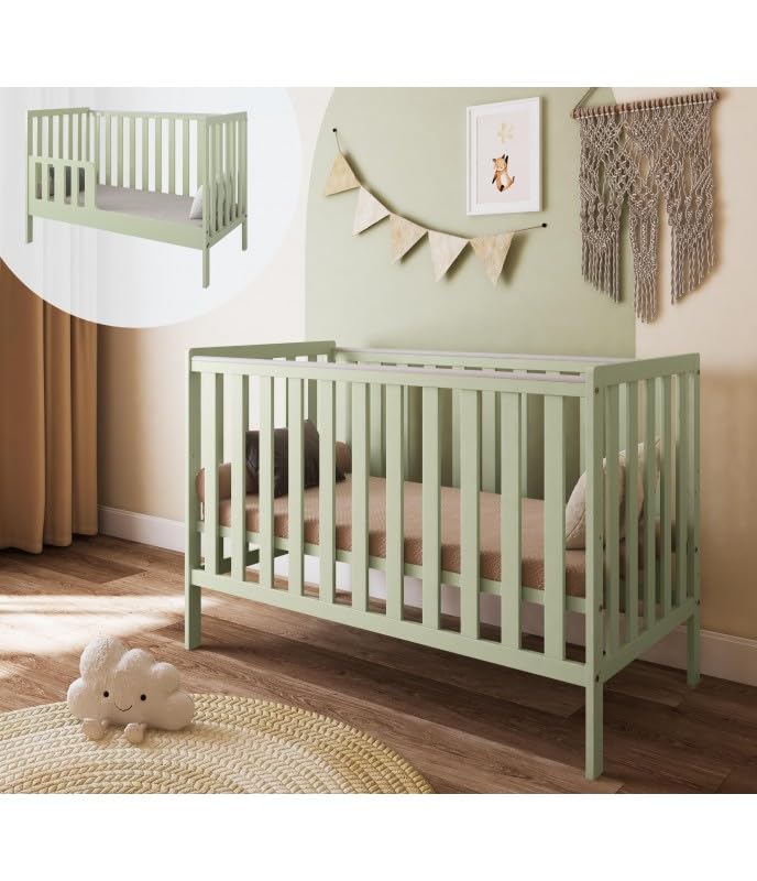 zee Bambi Cuna Bebe 120x60 cm 2 en 1 Verde Menta Cuna Convertible en Cama Junior con Barrotes Barrera de Seguridad Somier Regulable 3 Alturas Protector Mordedor Madera Maciza