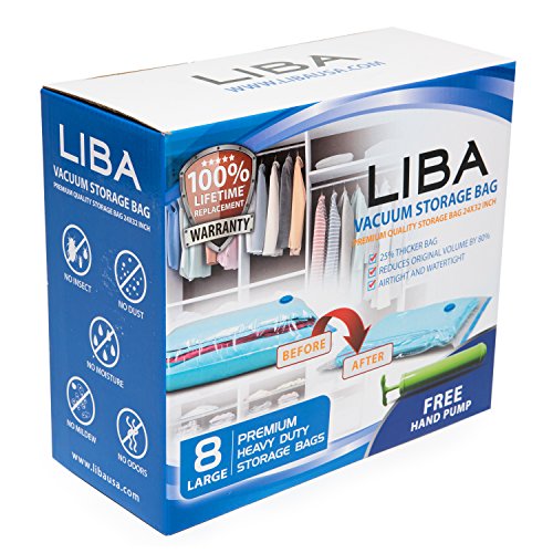 LiBa Vacuum Storage Bags (Pack of 8) with Free Hand Pump for Clothes