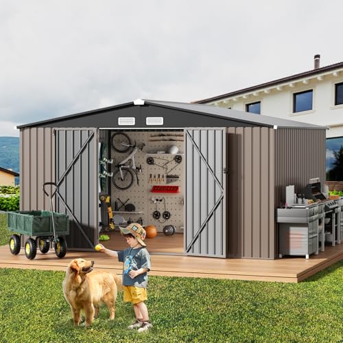 GVDV 10X12 FT Outdoor Storage Shed, Durable Metal Outside Storage for Garden, Patio and Backyard, Waterproof Shelter for Tools, Equipment