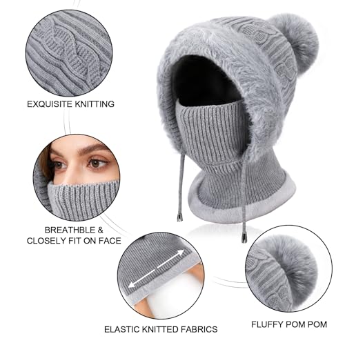 AYPOW Winter Warm Strickmütze Halswärmer-Sets Damen, 3 in 1 Beanie Wintermütze mit Weiches Thermo Fleece Gefüttert, Multifunktional Verstellbar Sturmhaube Gesichtsmaske Frauen für Outdoor-Sportarten