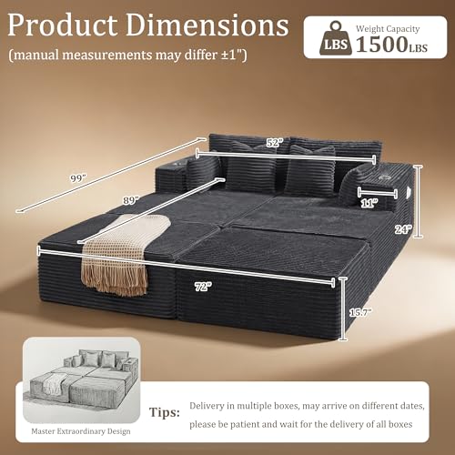 Image of 72 inch Cloud Sectional Couch, Comfort Sleep Sofa for Living Room, Extra Deep Seats No Assembly, Minimalist Modular Couch, Corduroy (Dark Grey, Extend Loveseat Chaise)