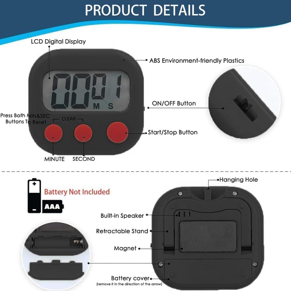 Temporizador de cocina, temporizador visual digital, reloj magnético, cronómetro, temporizador de cuenta regresiva, pantalla LCD grande, dígitos grandes, alarma fuerte para cocinar, ducha, baño