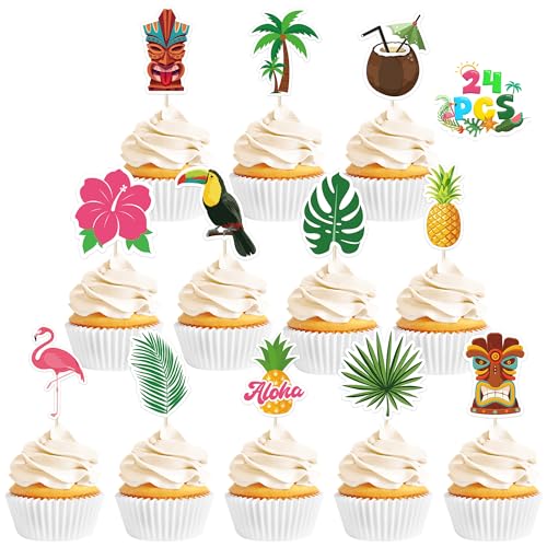 24 Pcs Hawaiian Cupcake Toppers, Disposable Pineapple Flower Palm Tree Flamingo Cake Picks, Aloha Cake Decorations for Summer Hawaiian Luau Theme Birthday, Wedding Party Supplies