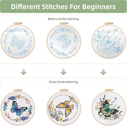 Image of GLTAYLMY 3 Sets Butterfly Embroidery Starter Kit for Beginners Flower Stamped Cross Stitch Kits with Instructions for Beginners Adults Include Embroidery Hoop Threads and Needles