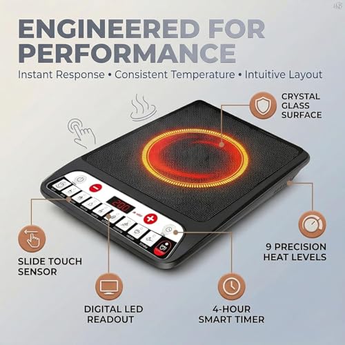 Image of 2000W Induction Cooker with Slide Touch Sensor & Digital LED Display | 9 Heat Levels | 4-Hour Timer & Auto Shut-Off | Crystal Glass Top | Portable Energy Efficient Electric Cooktop Cookware
