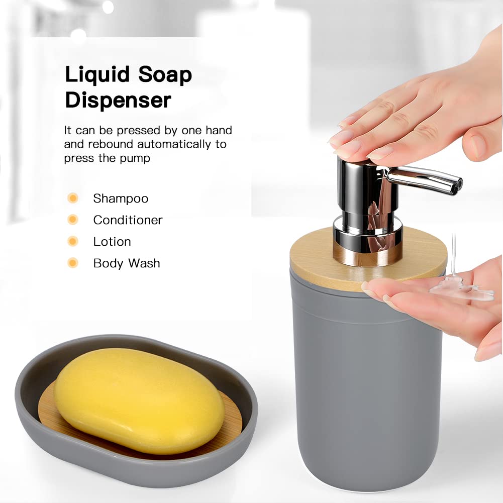 JOTOM Juego de accesorios de baño de bambú de 7 piezas de accesorios de baño de plástico moderno de lujo, soporte para cepillo de dientes, vaso, soporte Qtip, juego de cepillo de inodoro, jabonera,