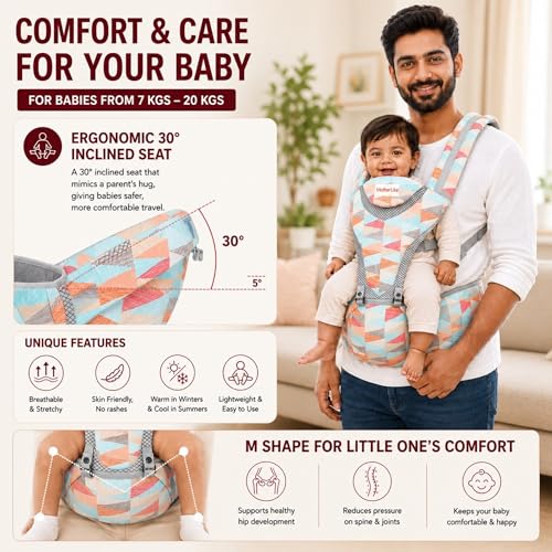 Image of Baby Carrier for 0 to 3 Year Baby | Ergonomic Kangaroo Bag with Detachable Soft Hip Seat | Baby Carrying Bag for Newborn & Toddler | 6-in-1 Baby Carrier with Pockets & Back Support (Geometric)