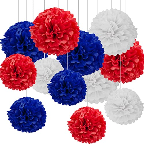 Lot de 12 Pompons Papier de soie Rouge Bleu et Blanc pour Anniversaire Fête Nationale Remise des Diplômes Mariage Décoration
