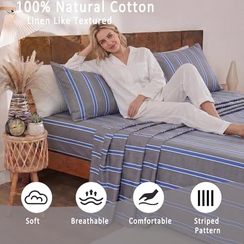 Image of Merryword 100% Cotton Sheet Set Full Size - Blue and Gray Striped Bedding, Soft Breathable Percale Weave, Deep Pocket Fitted Sheet 17.5 inch, Luxury & Silky Soft Sheet Set for All Seasons