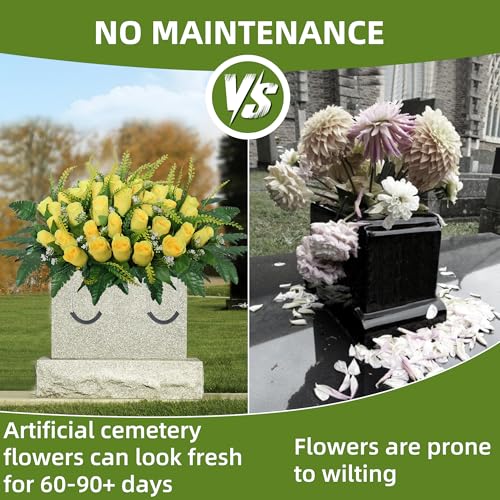 Cemetery Headstone Flower Saddle,Tombstone Flower,Outdoor Grave Saddle Headstone Decorations,Cemetery Memorial Flowers for Outdoor Gravesite Tombstone Decorations (Yellow) image 2