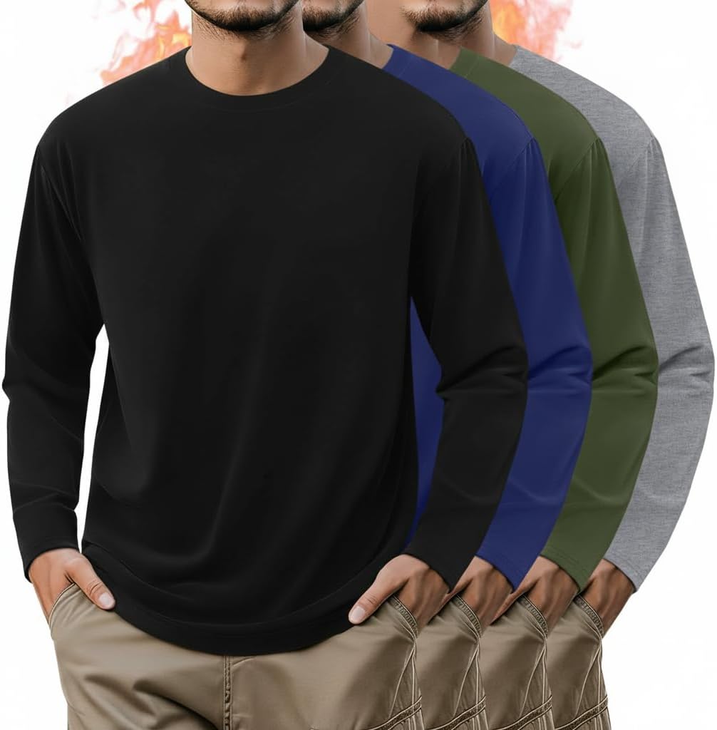 August Alley 4 Pack Mens Long Sleeve Shirts Crew Neck Thermal T-Shirt Thick Comfortable Sweatshirt Casual Pullover Basic Tops