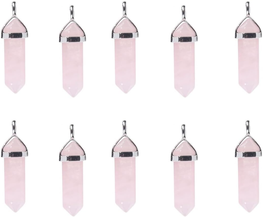 20pcs Natural Stone Pendant Hexagonal Prism Rose Quartz Amethyst Healing Crystals Stone Charms For Jewelry Making DIY Necklace
