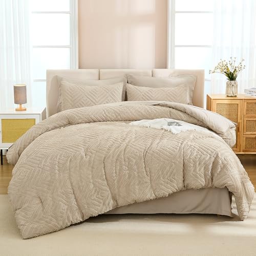 Image of Andency Oversized Queen Size Comforter Set with Sheets Khaki - 7 Pieces Bed in a Bag Oversized Queen Boho Tufted Lightweight Bedding Sets with Comforter, Sheets, Pillowcases & Shams
