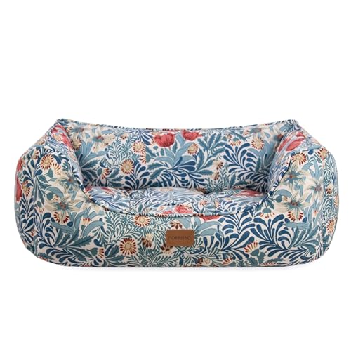 Rosewood x Morris & Co. Cama Bower Berry Box para Perros, Cama Mediana para Perro, Azul, Lados Acolchados, Base Antideslizante, Lavable, Lujoso Estampado de William Morris