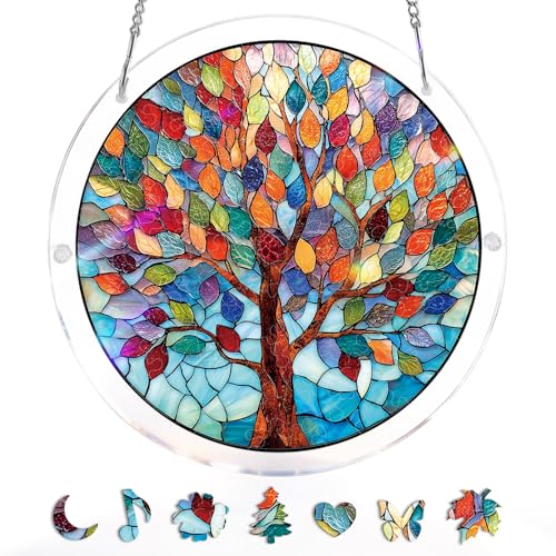 Acrylic Puzzles Suncatcher Window Hanging 83 Pieces 7.4 Inch Sun Catcher Acrylic Puzzles Garden Decoration for Women Men Mom Birthday Gift Home Decor (Vivid Tree)