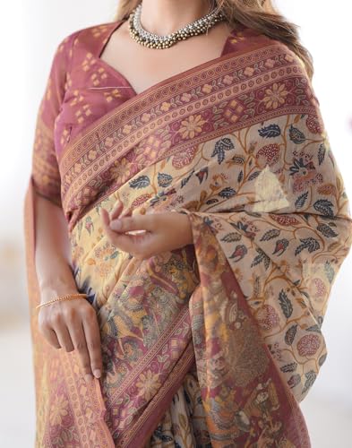 Image of SIRIL Women's Cotton Linen Kalamkari Printed Handloom Saree with Unstitched Blouse Piece