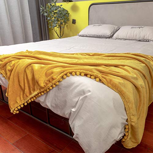 LOMAO Flannel Blanket with Pompom Fringe Lightweight Cozy Kids Blanket Soft Throw Blanket fit Couch Sofa Suitable for All Season (Mustard Yellow, 30''x 40'')