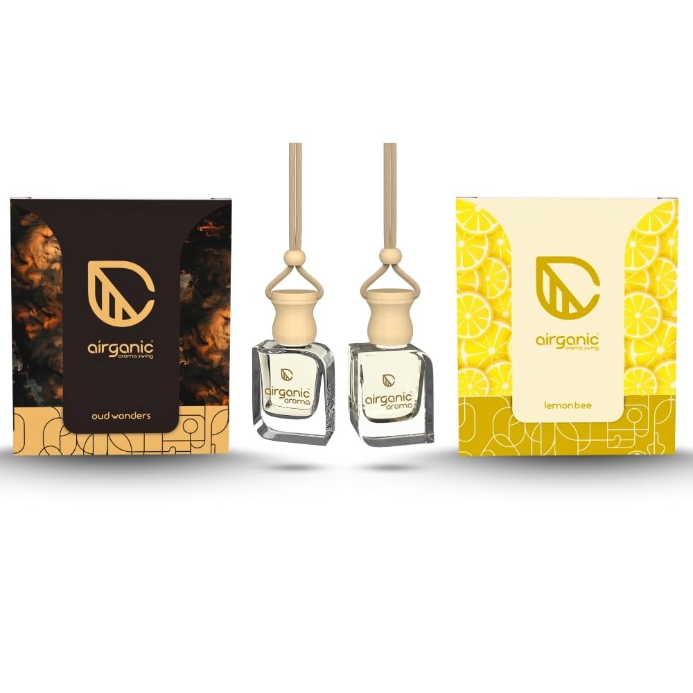 Aroma Swing Combo Offer : Oud Wonders & Lemon Bee |Aroma with Essential Oils in Glass Bottle with Wooden Diffuser Lid|Car Freshners| Car Hanging Accessories| Car Accessories Interior
