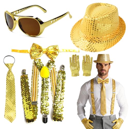 yolzhxe 6 Piezas Accesorio Disco Hombres, Sombrero de Lentejuelas, Pajarita, Tirantes, Corbata, Guantes y Gafas, Disfraz Disco años 70 80, para Carnaval, Año Nuevo, Celebración, Oro
