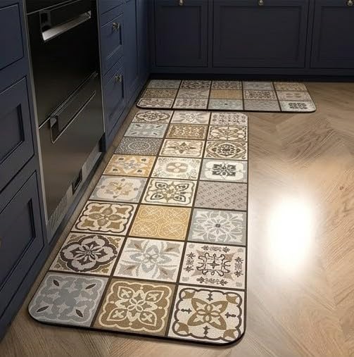 Image of HomeCloud Rubber Kitchen Mats for Floor Set of 2 Pcs | Non-Skid, Soft Absorbent Rugs for Kitchen, Laundry, and Hallway | 120x40cm, 40x60cm| 4mm Thickness (Beige Tan Multi)
