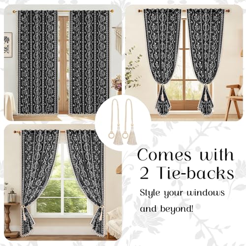 Image of Yinhua Boho Curtains for Living Room 84 Inch Length Vintage Linen Curtains for Bedroom Light Filtering Floral Window Curtain Rod Pocket & Back Tabs Rustic Tassel Drapes with Tiebacks, Black