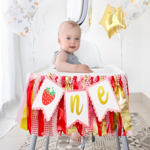 Image of Strawberry Highchair Banner - 1st Birthday Decoration, Sweet One Birthday Party Supplies for Girl Shower, Pink and Red Fairy Strawberry Photo Props