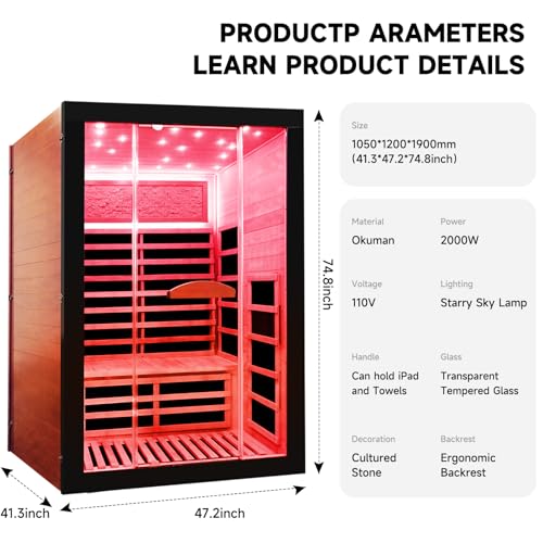 Image of OUTEXER Infrared Sauna 2000W Wooden Saunas Home Spa Room Wood Low-EMF Indoor Saunas with with 7 Color Starry Sky Ceiling Light for Two Person 74.8 * 47.2 * 41.3Inch
