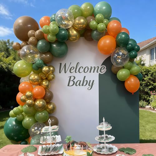 Image of Green Brown Balloons Olive Green Brown Orange Gold Balloons Sage Avocado Khaki Metallic Gold Balloon Set for Kids Boys Dinosaur Dino Jungle Safari Forest Baby Shower Birthday Party Decorations