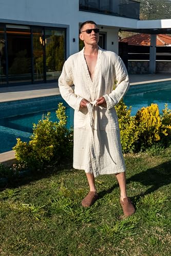Image of Muslin Unisex Bathrobe Women & Men, 100% Cotton Kimono Lightweight Robe | Long Robes Soft, Absorbent, Spa robes