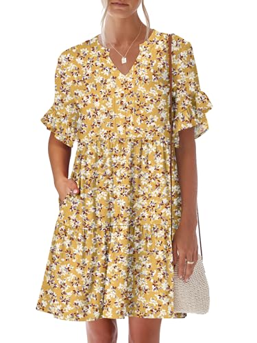 Image of ANRABESS Women's Summer Casual Dress, V-Neck Ruffle Sleeve Tiered Mini Dress, Soft Comfy Fabric with Pockets for All-Day Wear