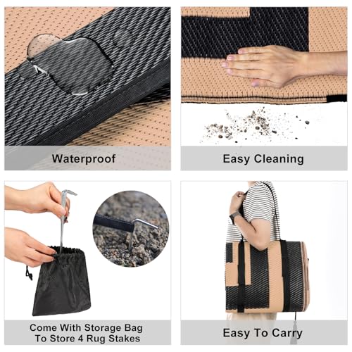 Image of Outdoor Rug Carpet Waterproof Reversible Mats 9x12 ft Patio Rug RV Camping Rug, Plastic Straw Rug Area Rug for Balcony Picnic Beach(Black and Brown)