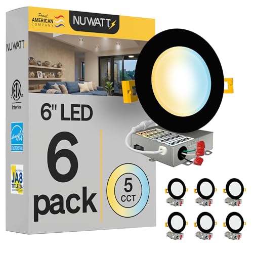 NUWATT 6 Pack 6 Inch Ultra Thin Black LED Recessed Lighting 5CCT 2700K/3000K/3500K/4000K/5000K Selectable High Brightness 1050 Lumens Dimmable Canless Slim Wafer Light IC Rated Metal J-Box ETL