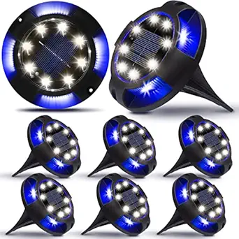 K.E.J. Solar Lights Outdoor Solar Ground Lights 12 LED Solar Garden Lights Disk Lights Solar Powered Waterproof In-Ground Lights Landscape Lights for Garden Lawn Pathway Walkway Deck Yard(White Blue)