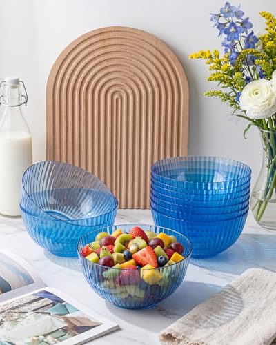 bUCLA 12 PCS Plastic Cereal Bowls Set - 28 Oz Clear Blue Disposable Vertical Stripes Serving Bowls for Snack, Salad, Dessert & Fruit - Image 5